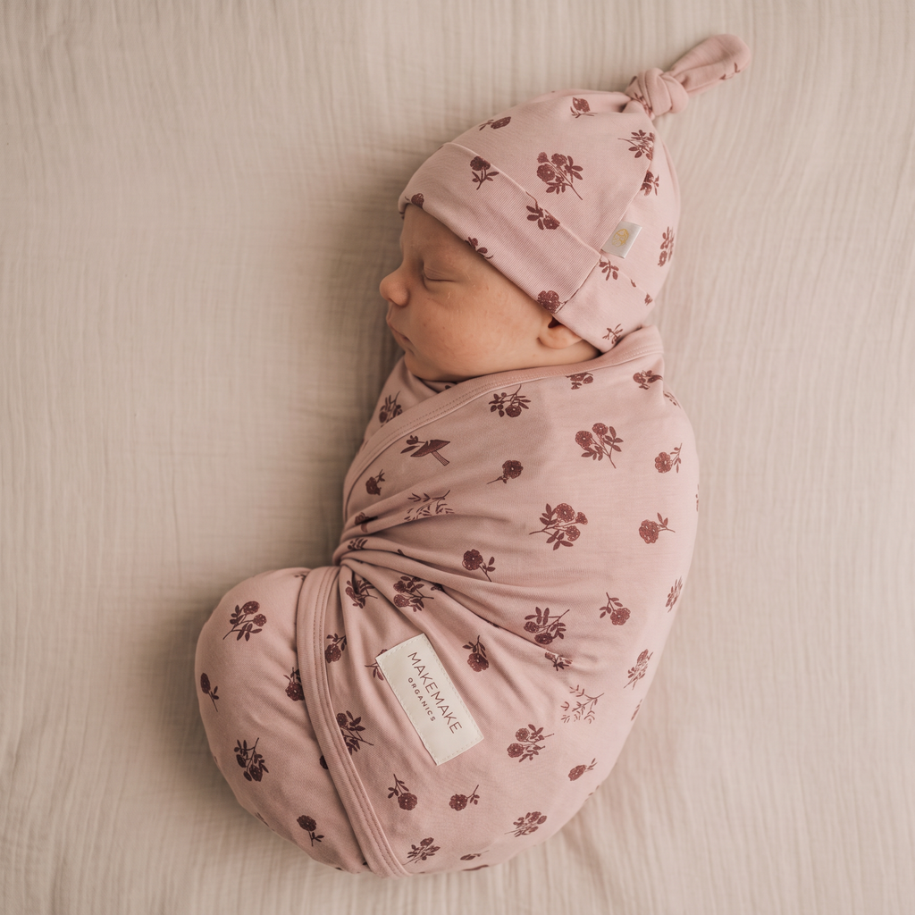 Organic Swaddle Blanket & Hat Set - Rosebud
