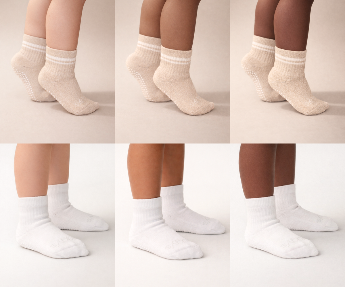 Collage of Piggy's heather beige (Oat) and white (Bone) socks shown on different skin tones.