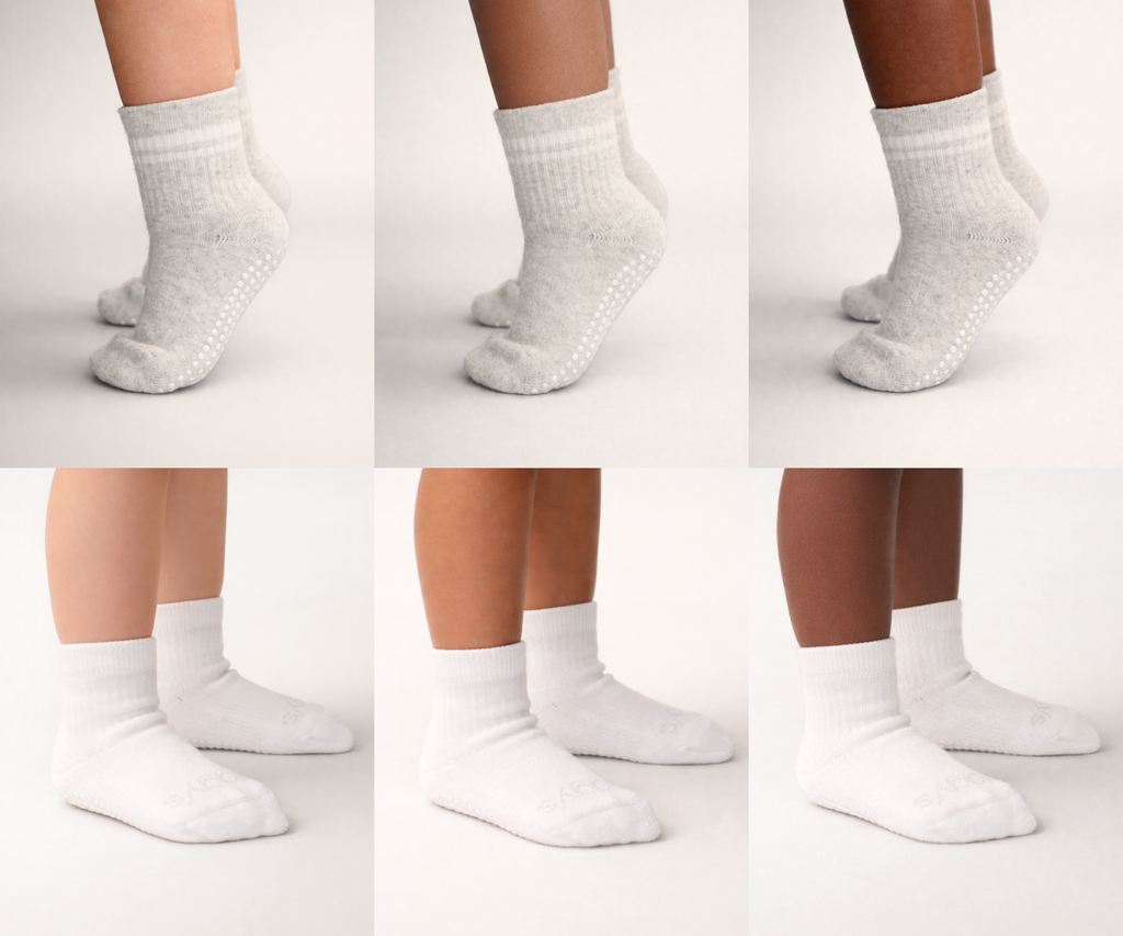 Collage of Piggy's heather grey (Pebble) and white (Bone) socks shown on different skin tones.