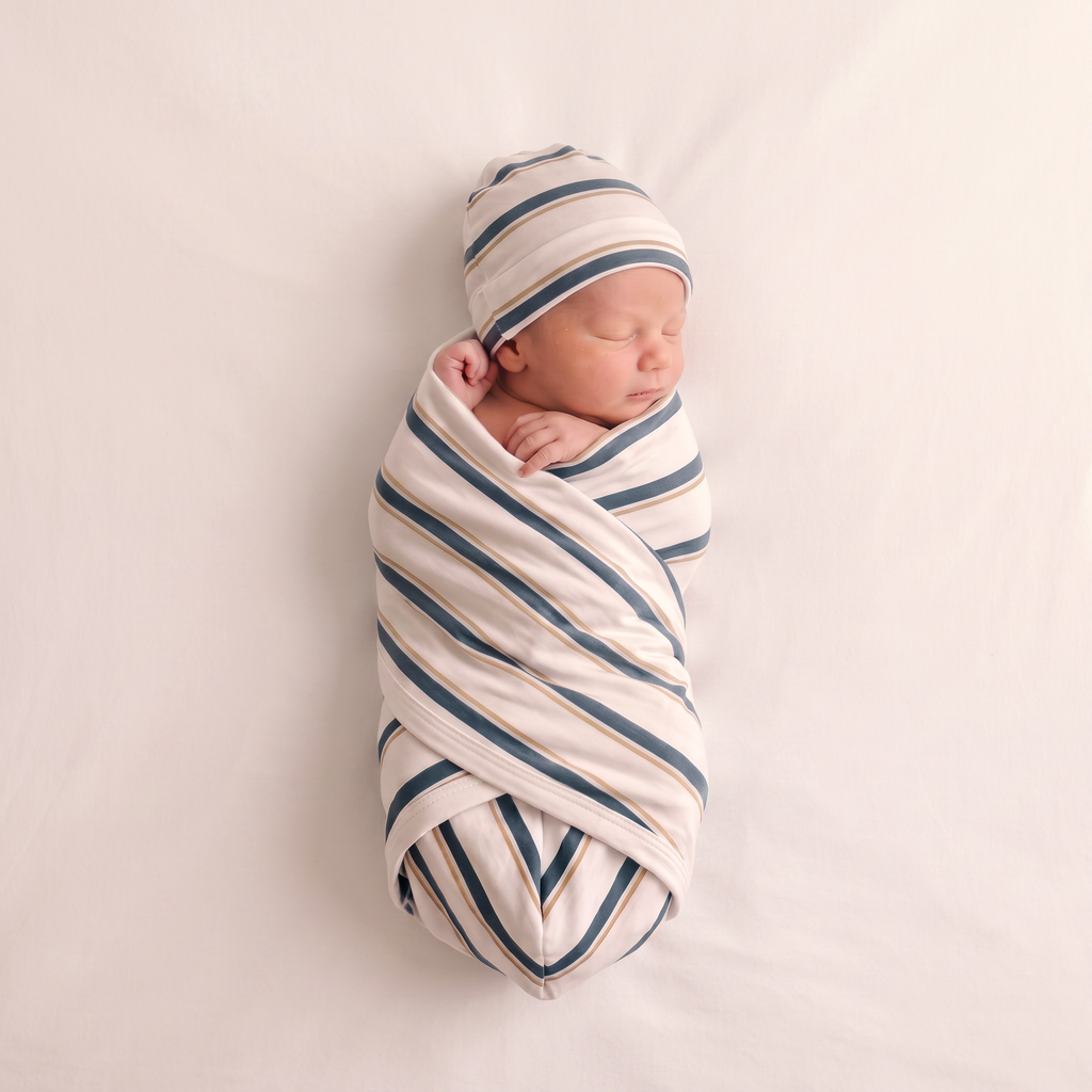 Organic Swaddle Blanket & Hat Set - Navy Stripe