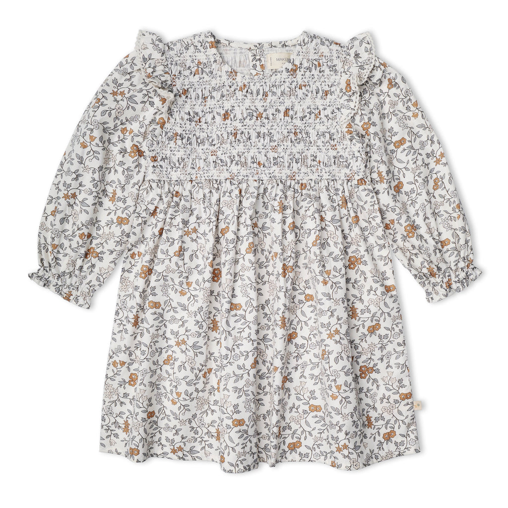Vestido orgánico con volantes y nido de abeja - Hiedra
