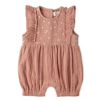 Organic Embroidered Ruffle Romper - Clay