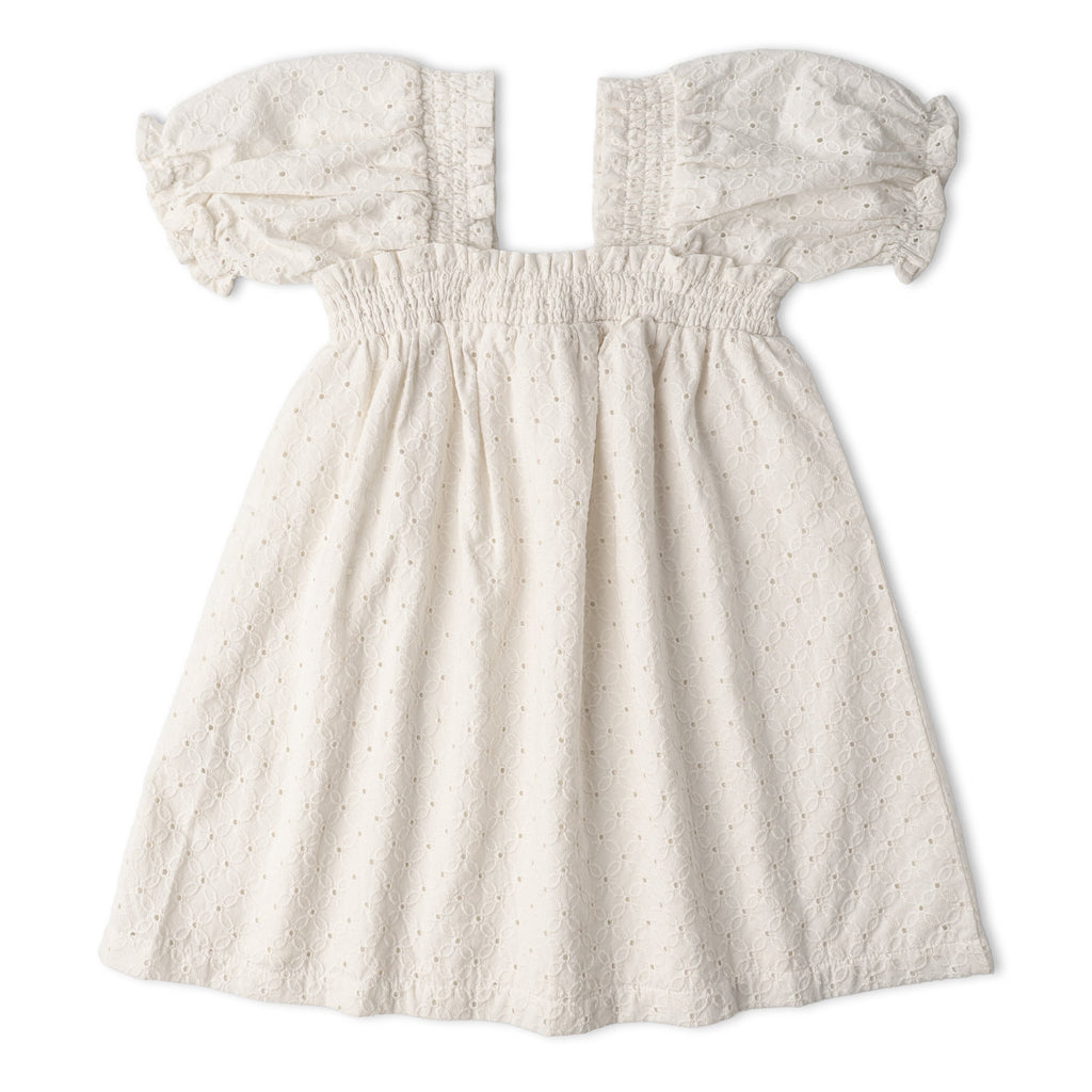 Organic Eyelet Bubble Sleeve Dress - Ivory Eyelet