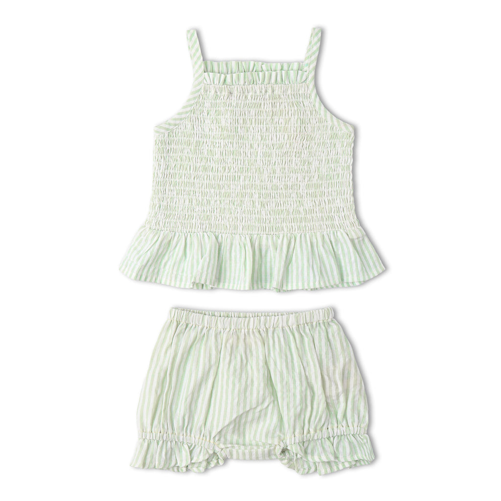 Organic Smocked Top And Bloomer Set - Basil Stripes