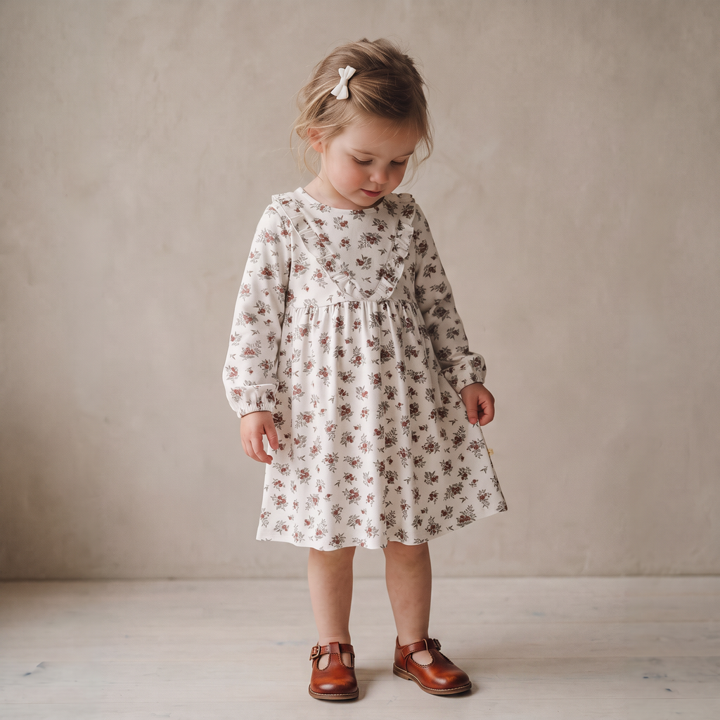 Organic Long Sleeve Ruffle -V- Dress - Winter Berry