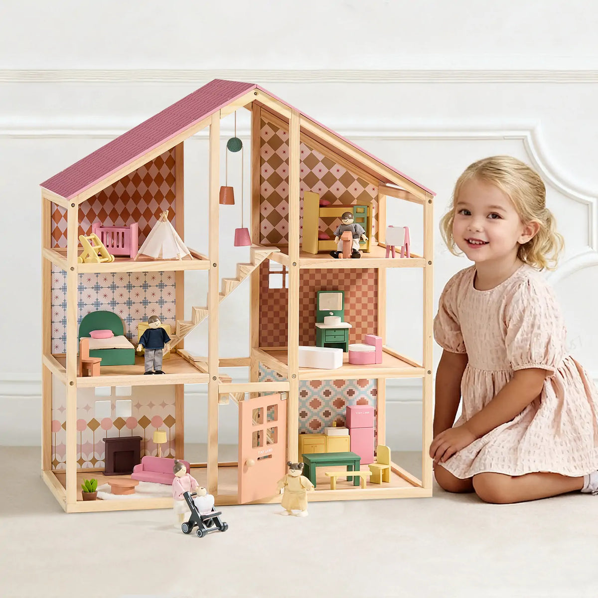Tiny Land® Casa de muñecas Pegasus Sweetwood y muñecas de madera para casa de muñecas