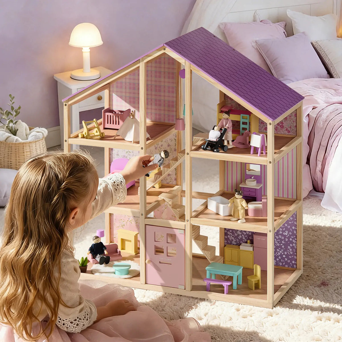 Tiny Land® Casa de muñecas de unicornio Sweetwood y muñecas de madera