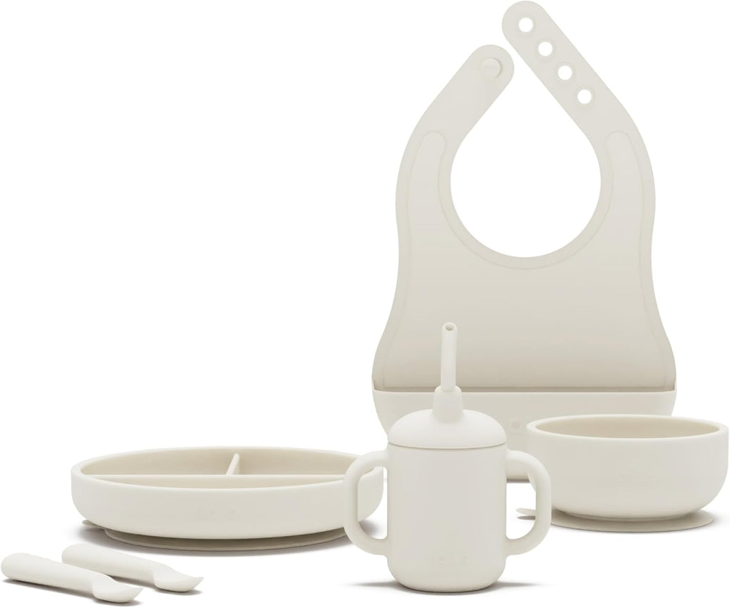 Lalo First Bites Silicone Baby Feeding Set - Baby Led Weaning Supplies - Non-Toxic Silicone - Includes 1 Bib, 2 Spoons, Training Cup, Suction Plate and Bowl - 6 Pieces - Blueberry