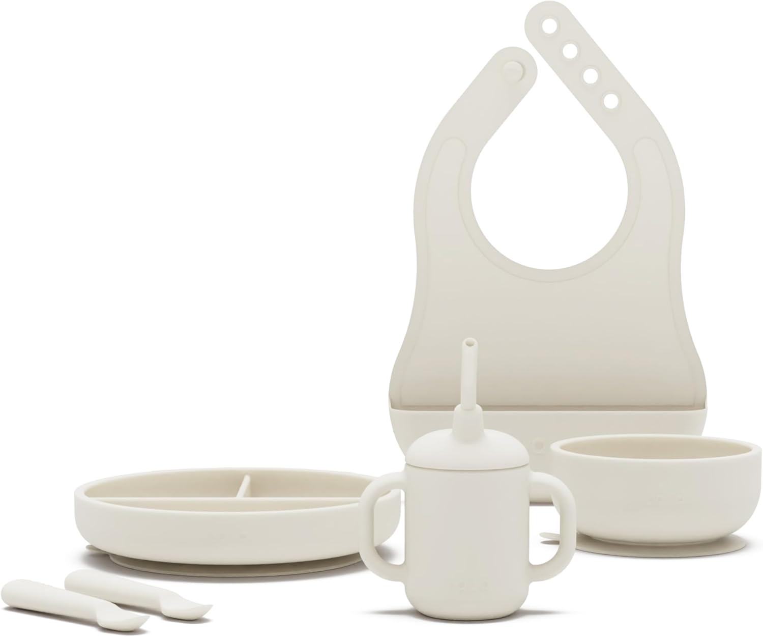 Lalo First Bites Silicone Baby Feeding Set - Baby Led Weaning Supplies - Non-Toxic Silicone - Includes 1 Bib, 2 Spoons, Training Cup, Suction Plate and Bowl - 6 Pieces - Blueberry