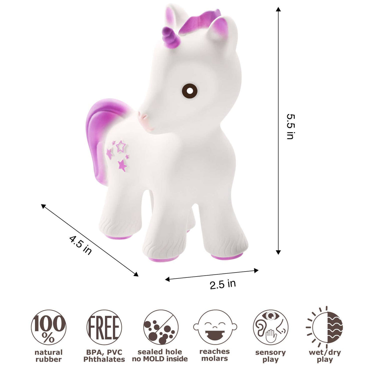 Natural Rubber Teether Unicorn, Non-Toxic, Mold-free Design