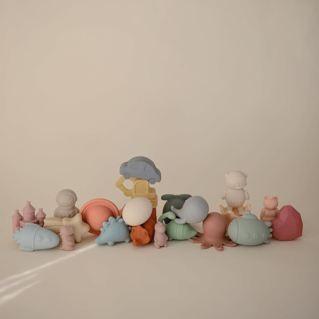 mushie Dino Bath Toys Play Set for Toddlers | 100% Food Grade Silicone | Mold Free, Pack of 5