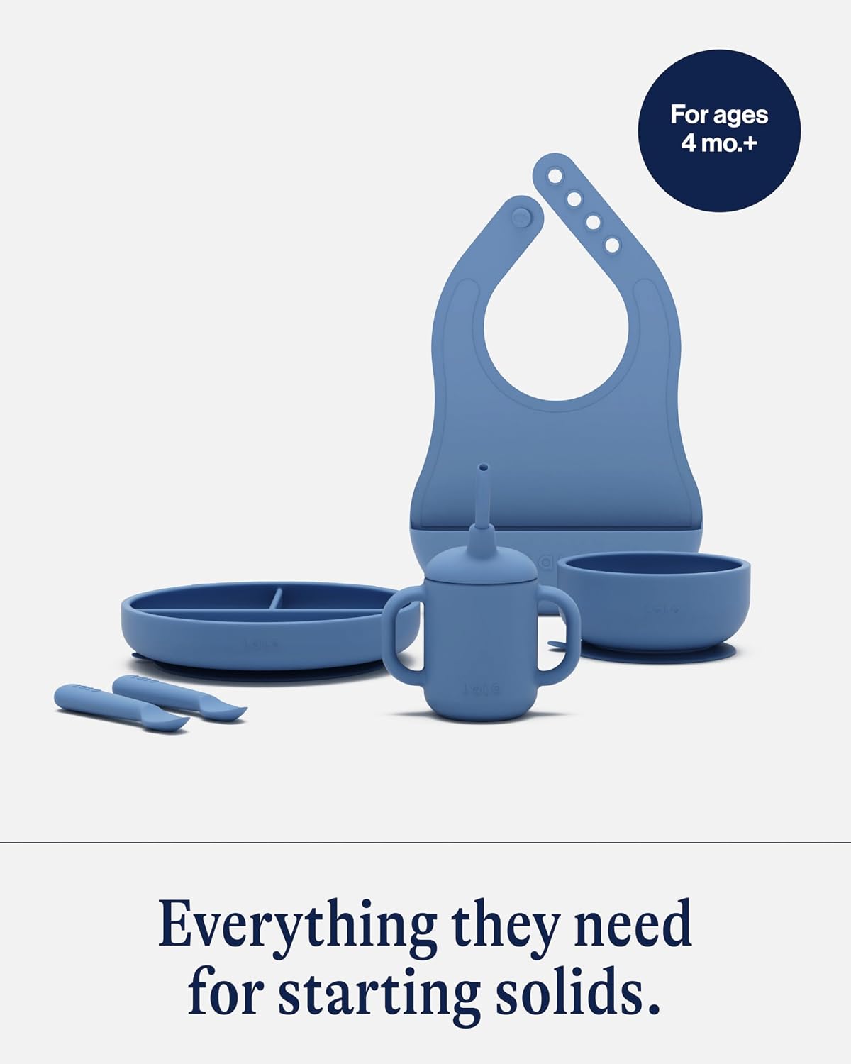 Lalo First Bites Silicone Baby Feeding Set - Baby Led Weaning Supplies - Non-Toxic Silicone - Includes 1 Bib, 2 Spoons, Training Cup, Suction Plate and Bowl - 6 Pieces - Blueberry