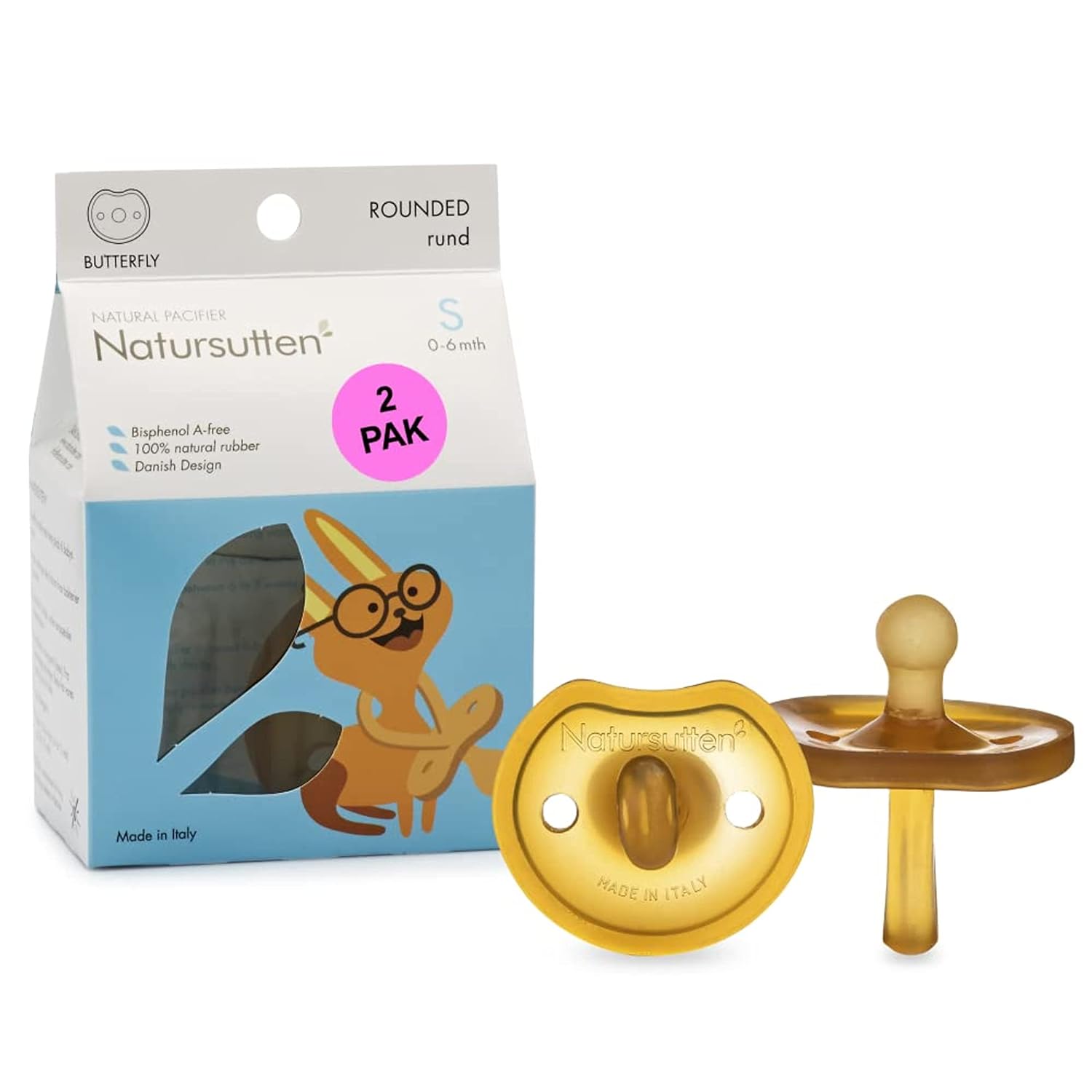 Natursutten 2-Pack Natural Rubber Pacifiers - Safe & Soft BPA-Free Pacifier for Breastfeeding Babies, Made in Italy, Butterfly Shield Orthodontic Nipple, 6-12 Months