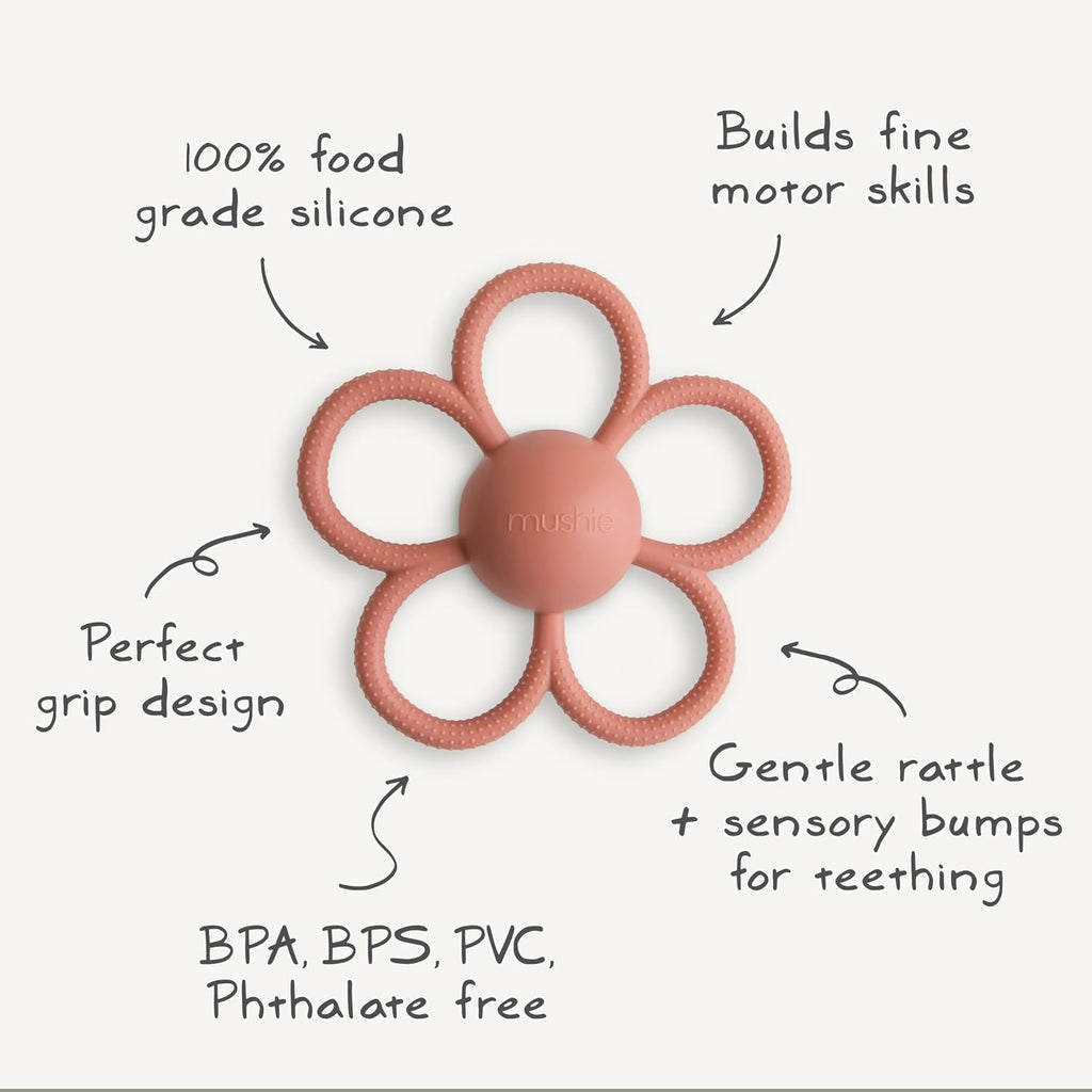 mushie Silicone Baby Daisy Rattle Teether Toy (Dusty Rose)