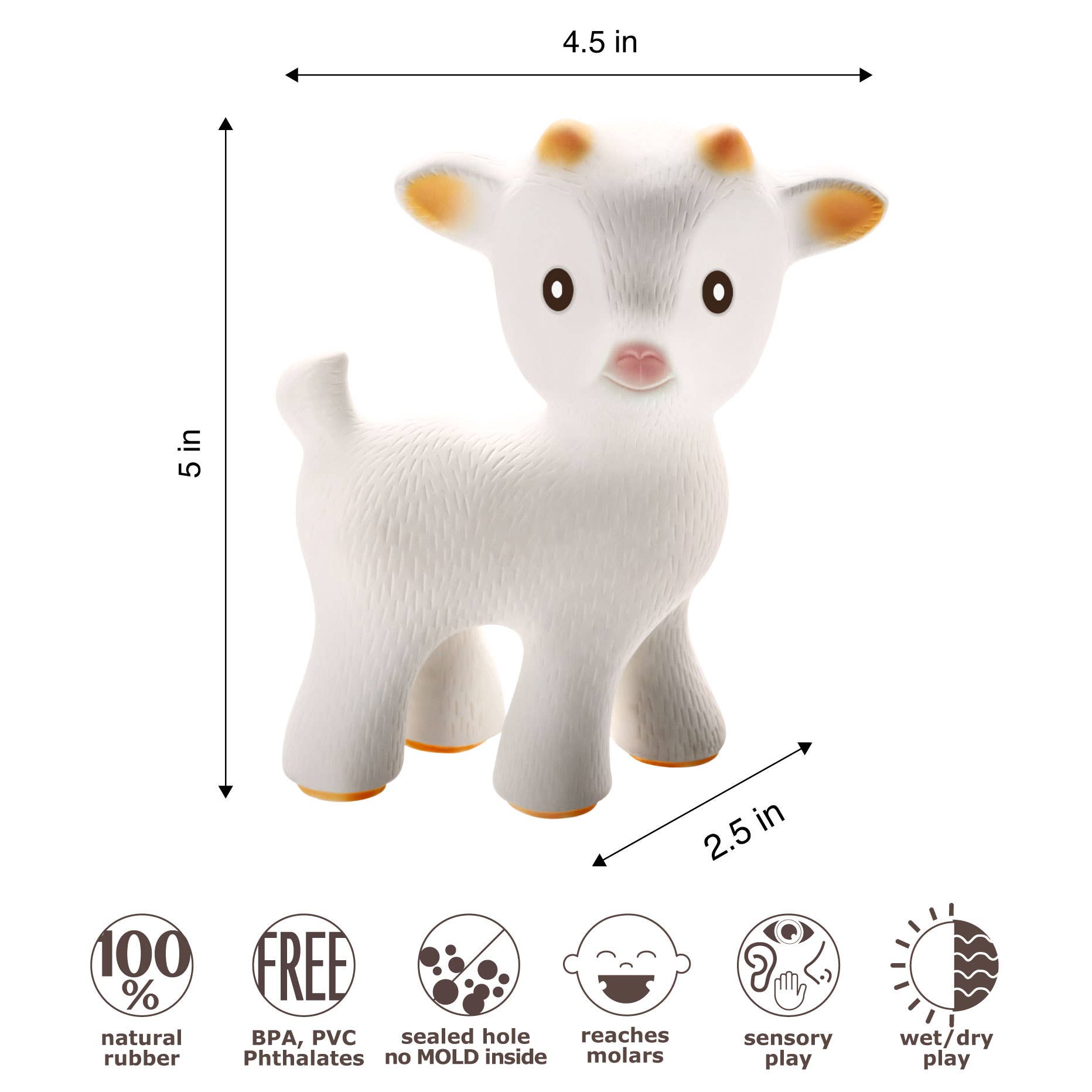 Natural Rubber Teether Goat, Non-Toxic, Mold-free Design