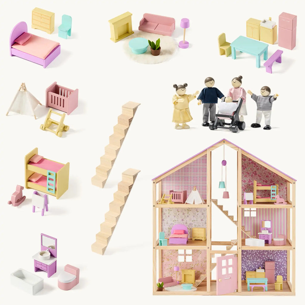 Tiny Land® Casa de muñecas de unicornio Sweetwood y muñecas de madera