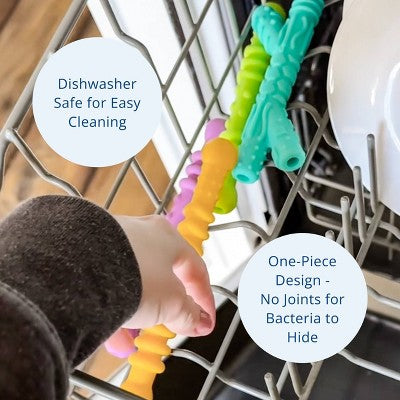 Re-Play Assorted Teether Straws with Cleaning Brush - 4pk: Soft Silicone Rattles for Infants, Baby Teething Aid
