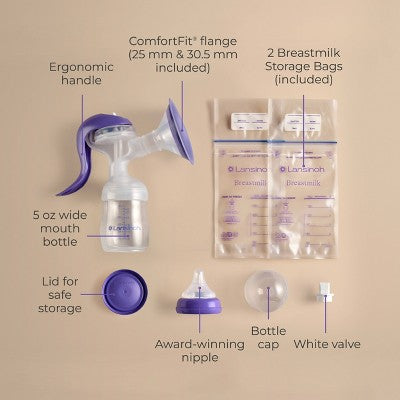 Lansinoh Manual Breast Pump with 5oz Baby Bottle and Slow Flow Nipple