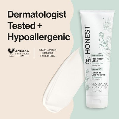 The Honest Company Sensitive Face + Body Lotion Fragrance Free - 8.5 fl oz: Moisturizing, Dye-Free, Paraben-Free, Silicone-Free
