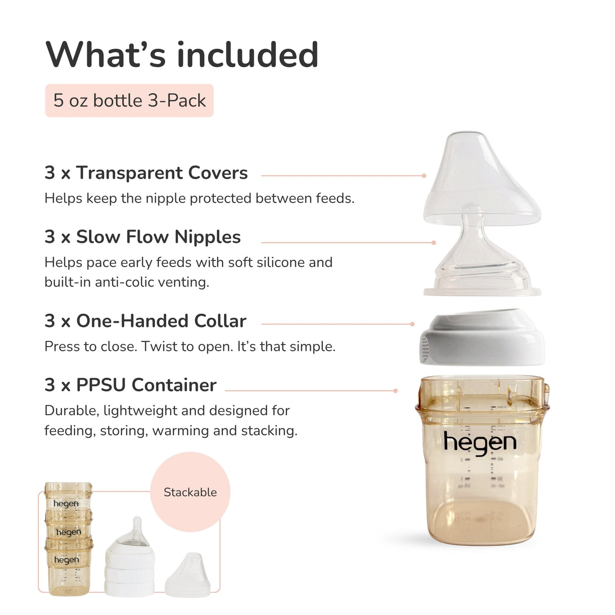 Hegen PPSU Anti-Colic Baby Bottle - 1 to 3 Months 150ml/5oz - 3-Pack
