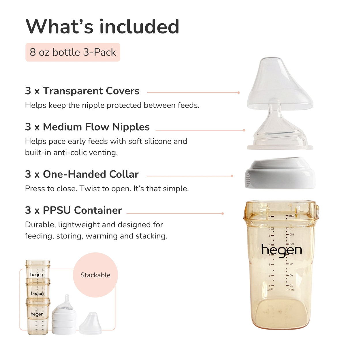 Hegen PPSU Anti-Colic Baby Bottle - 3 to 6 Months - 240ml/8oz - 3-Pack