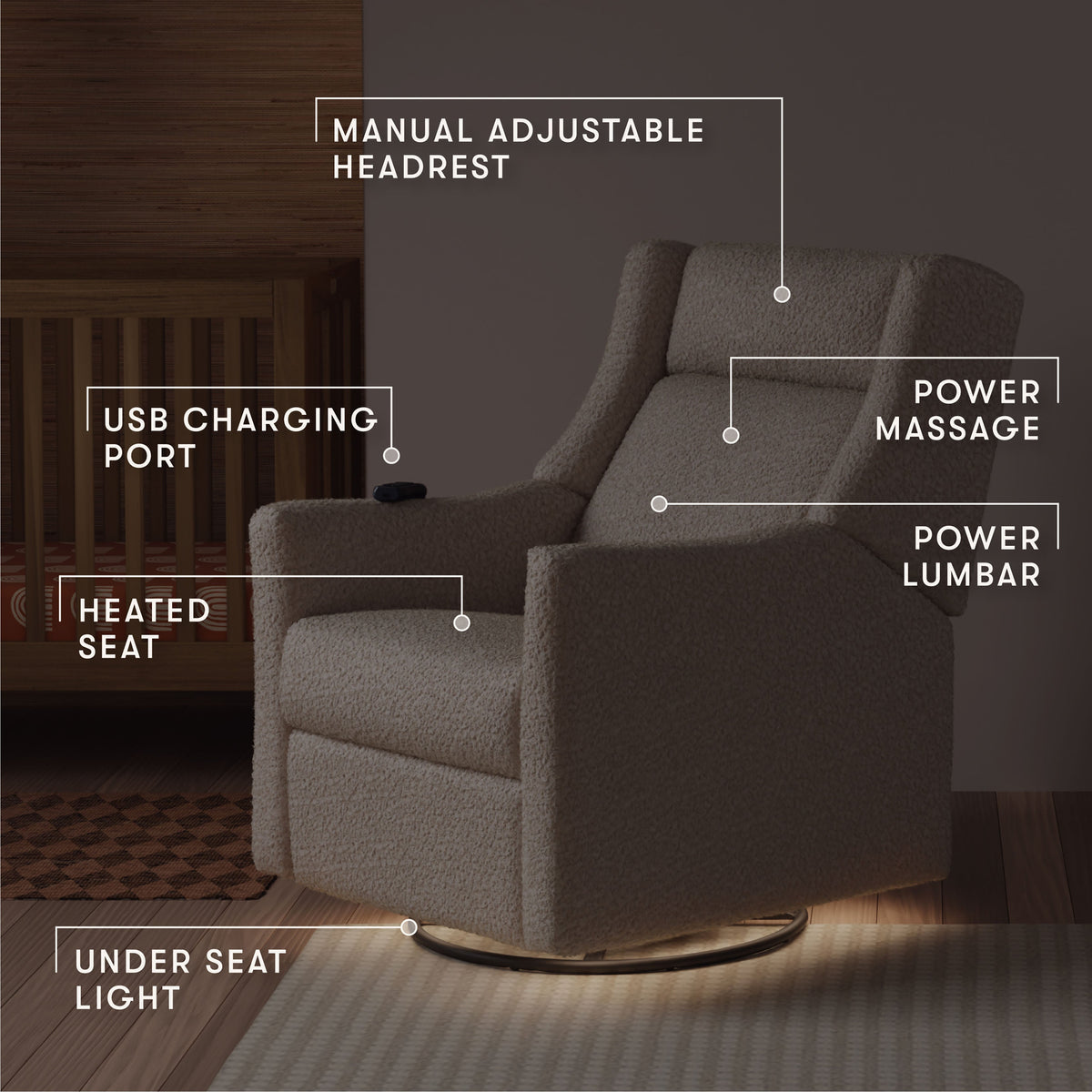 Kiwi Deluxe Power Recliner and Swivel Glider with Heat and Massage