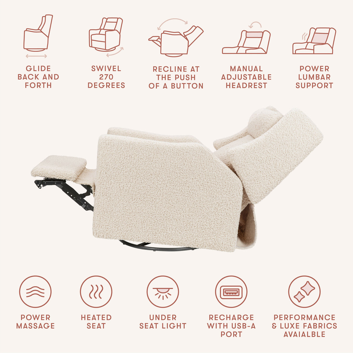 Kiwi Deluxe Power Recliner and Swivel Glider with Heat and Massage