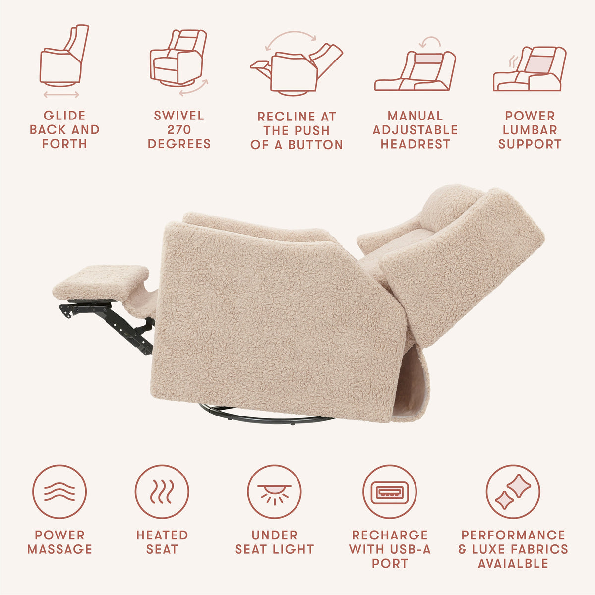 Kiwi Deluxe Power Recliner and Swivel Glider with Heat and Massage