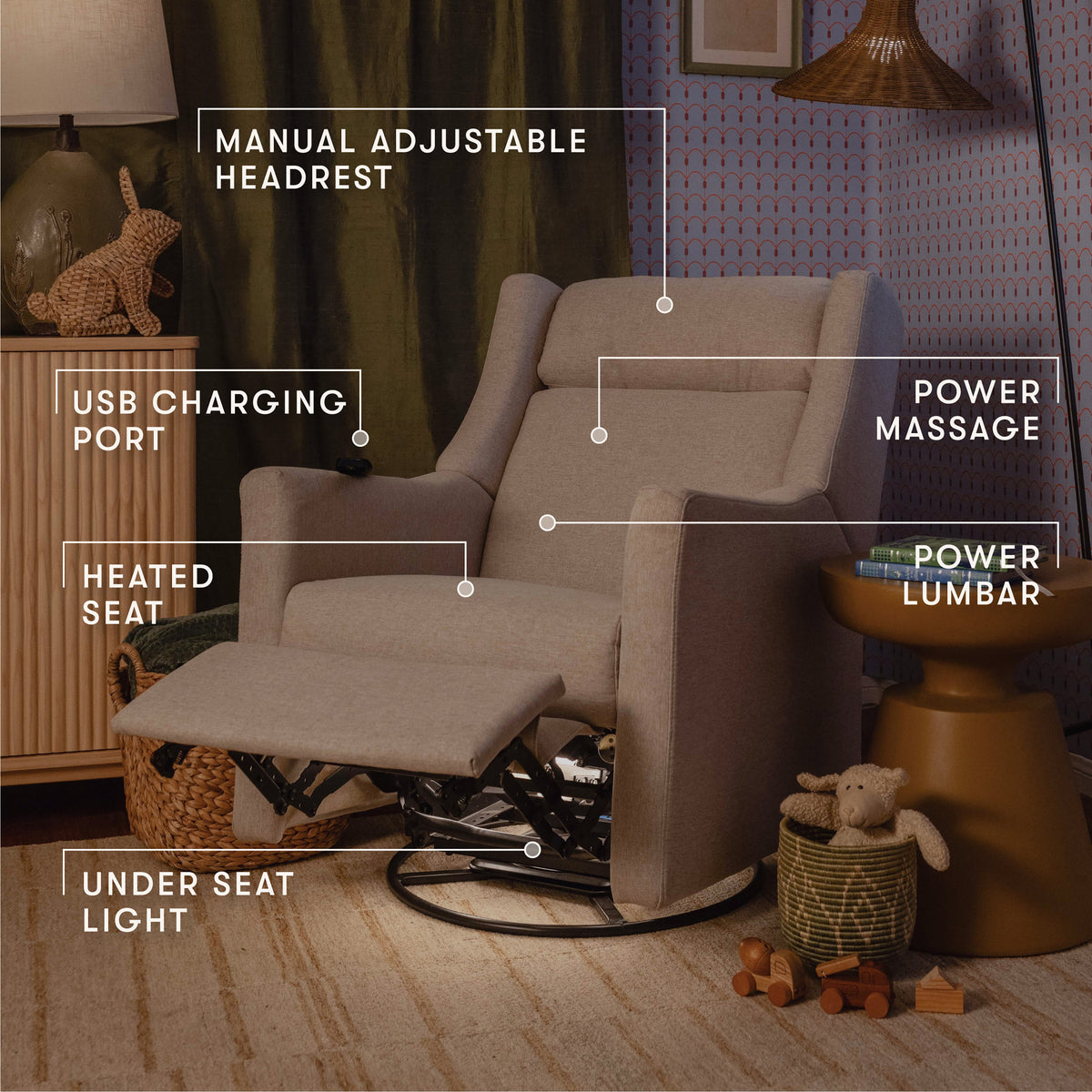 Kiwi Deluxe Power Recliner and Swivel Glider with Heat and Massage