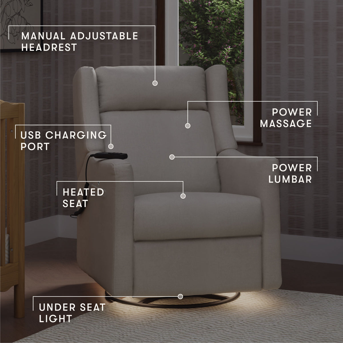 Kiwi Deluxe Power Recliner and Swivel Glider with Heat and Massage