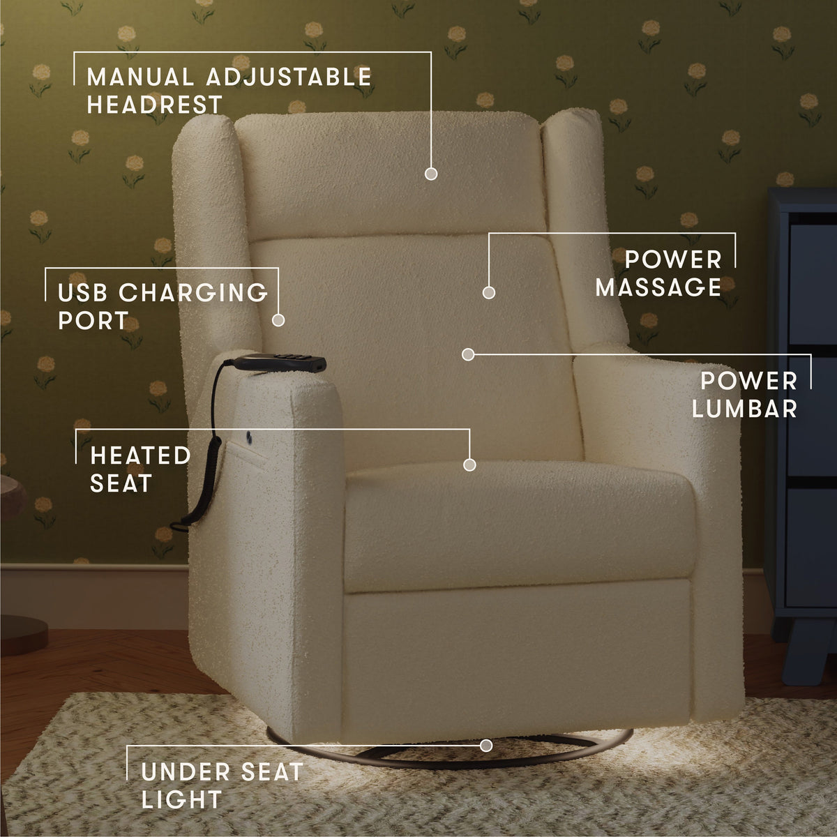 Kiwi Deluxe Power Recliner and Swivel Glider with Heat and Massage