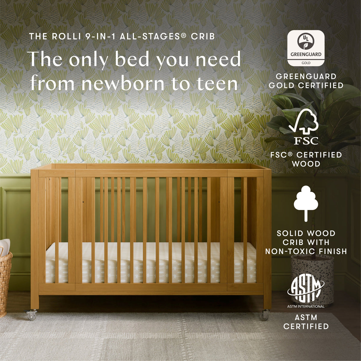 Rolli 9-in-1 Convertible All-Stages® Crib with Bassinet & Toddler Bed Conversion Kits