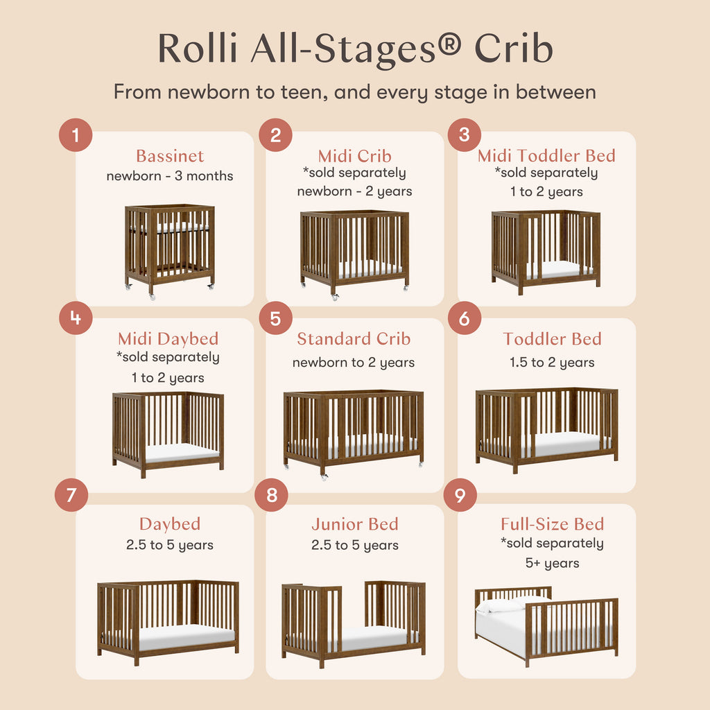 Rolli 9-in-1 Convertible All-Stages® Crib with Bassinet & Toddler Bed Conversion Kits