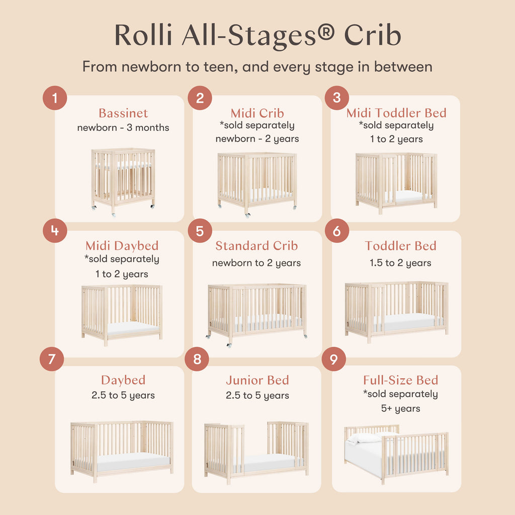 Rolli 9-in-1 Convertible All-Stages® Crib with Bassinet & Toddler Bed Conversion Kits