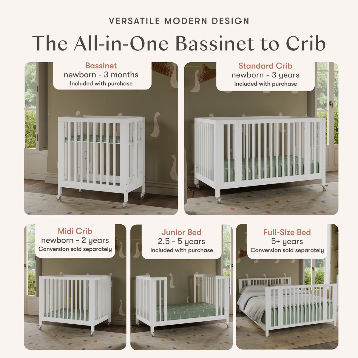 Rolli 9-in-1 Convertible All-Stages® Crib with Bassinet & Toddler Bed Conversion Kits