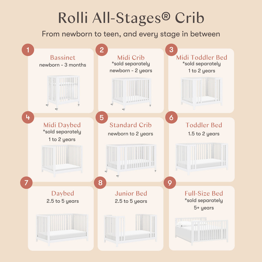 Rolli 9-in-1 Convertible All-Stages® Crib with Bassinet & Toddler Bed Conversion Kits