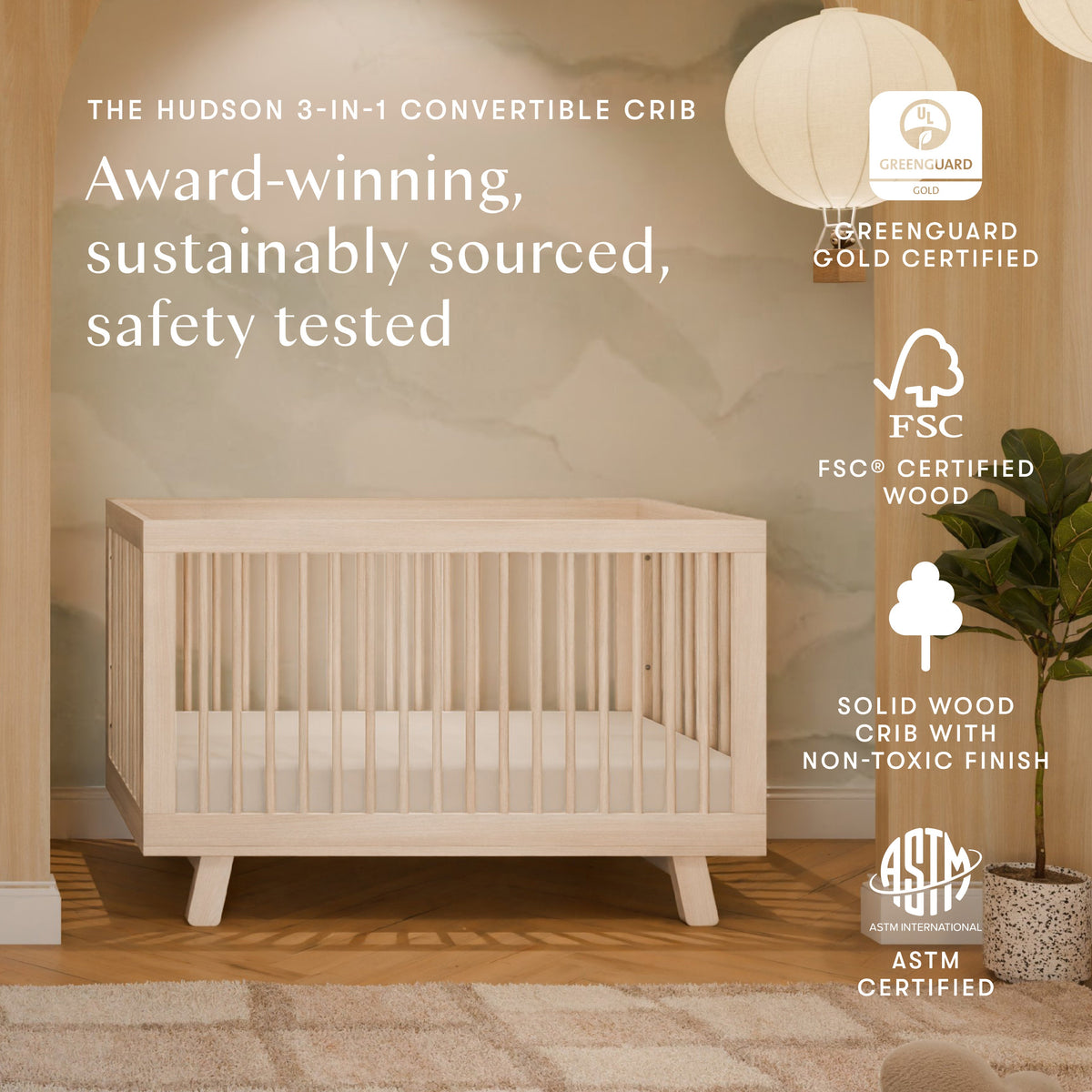 Hudson 3-in-1 Convertible Crib with Toddler Bed Conversion Kit