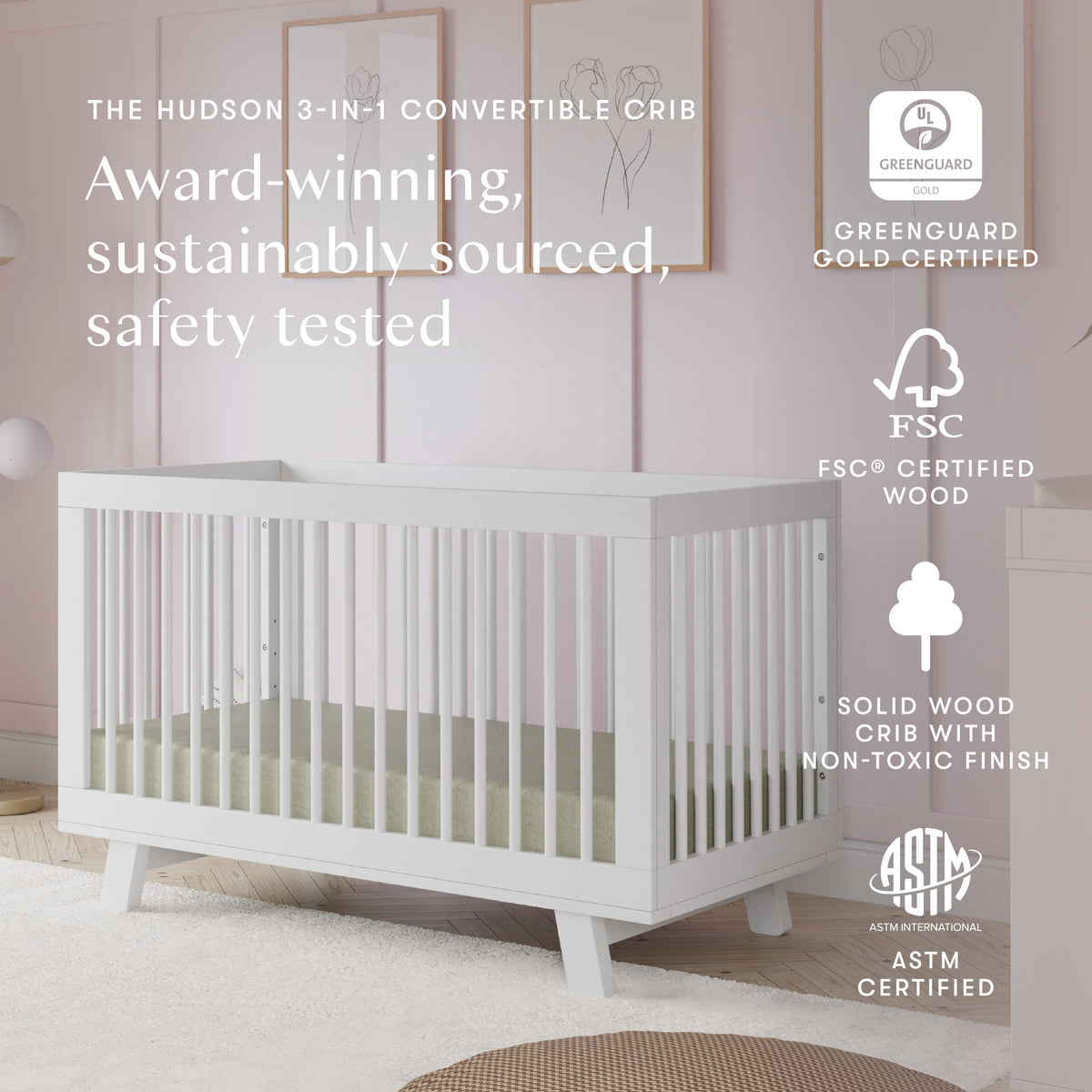 Hudson 3-in-1 Convertible Crib with Toddler Bed Conversion Kit