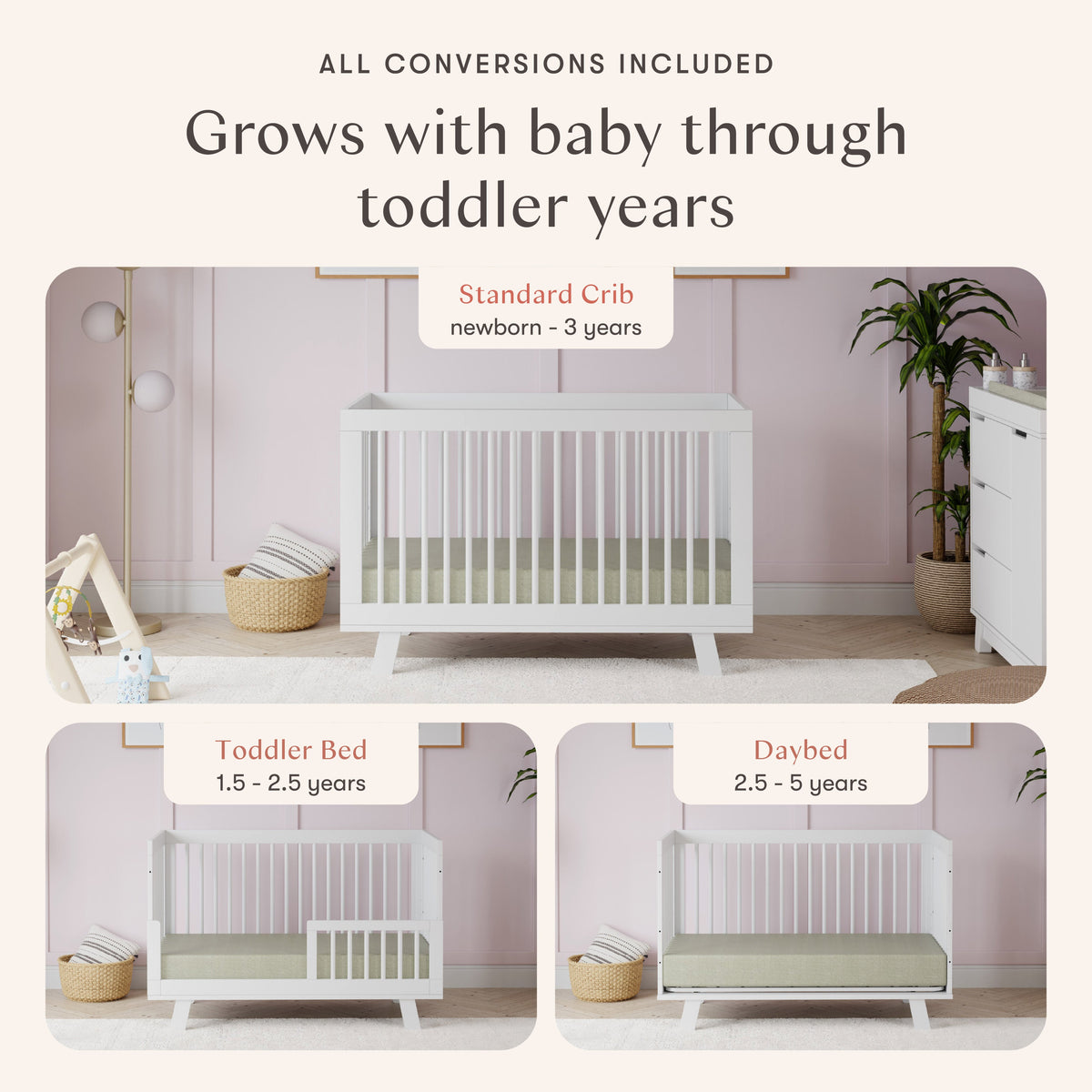 Hudson 3-in-1 Convertible Crib with Toddler Bed Conversion Kit