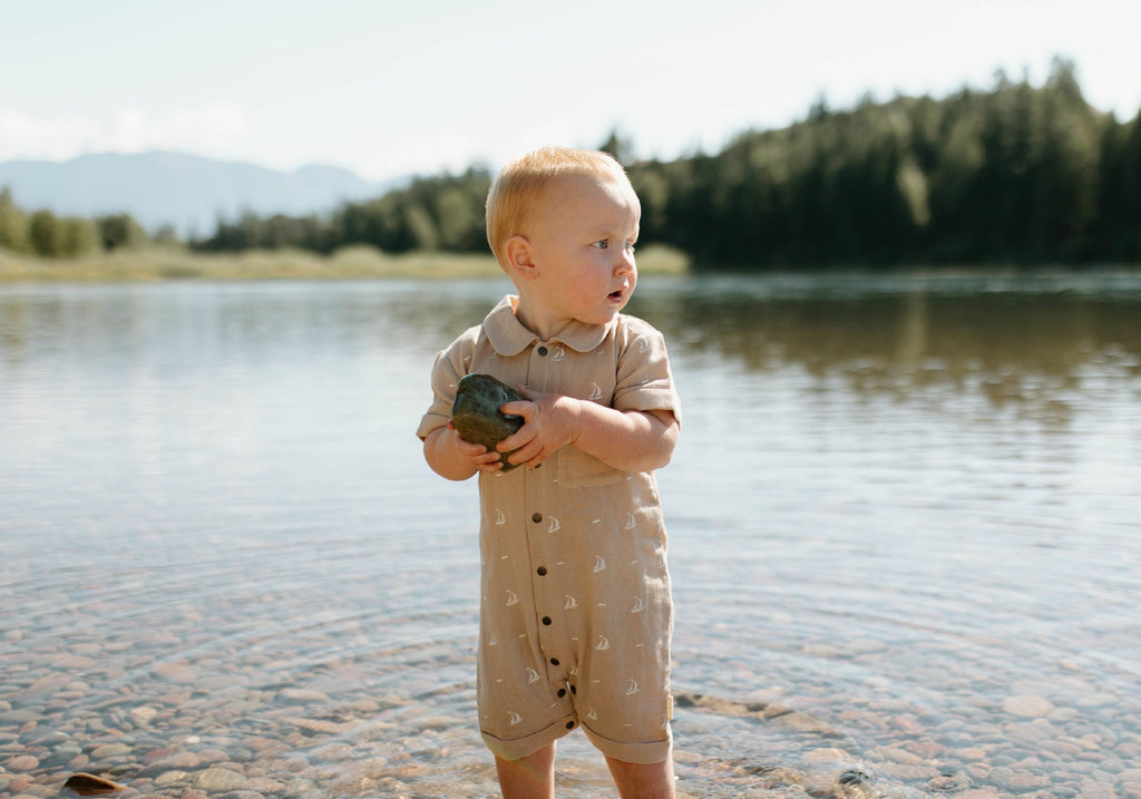 Oatmeal Sailboat | Organic Muslin S/Sleeve Coverall