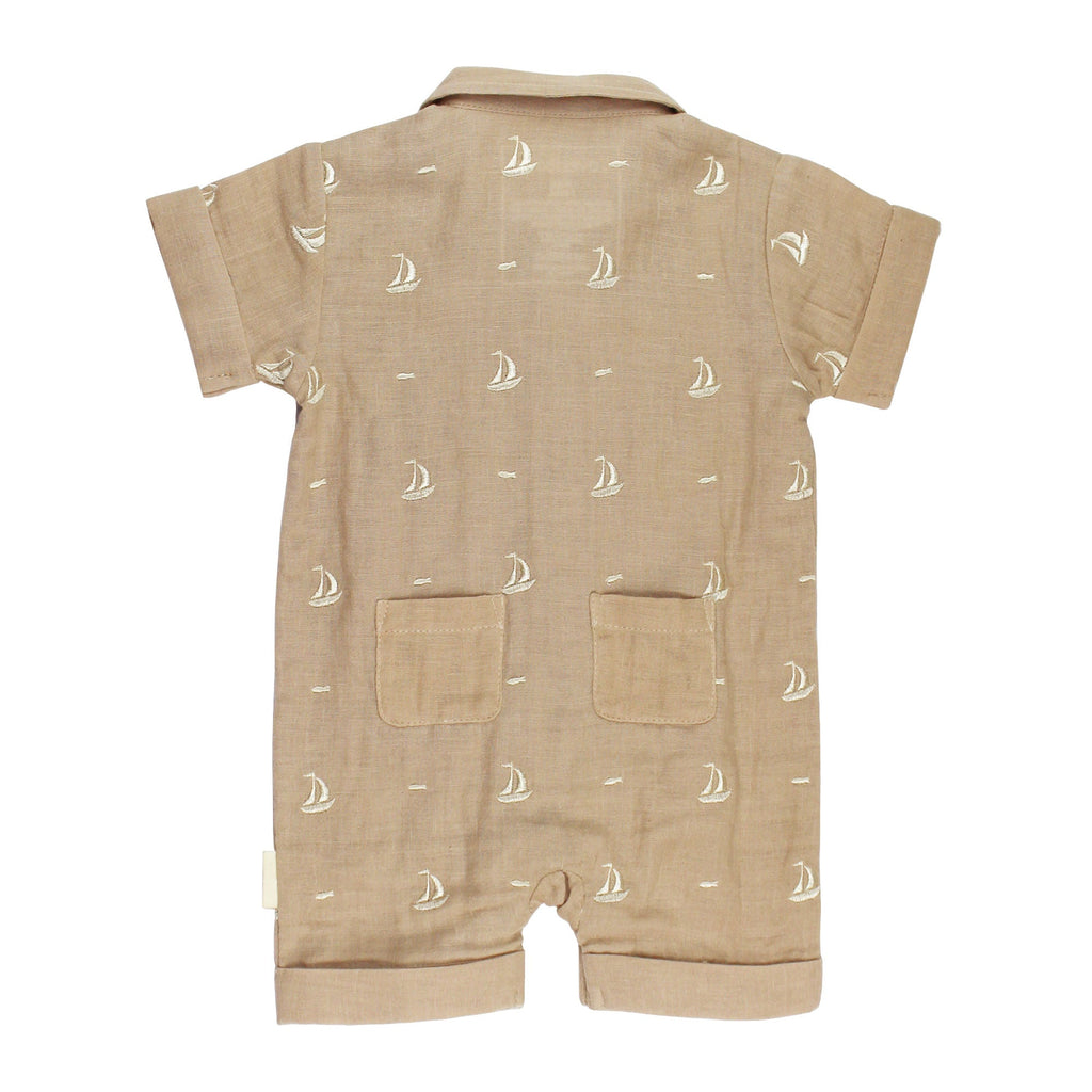 Oatmeal Sailboat | Organic Muslin S/Sleeve Coverall