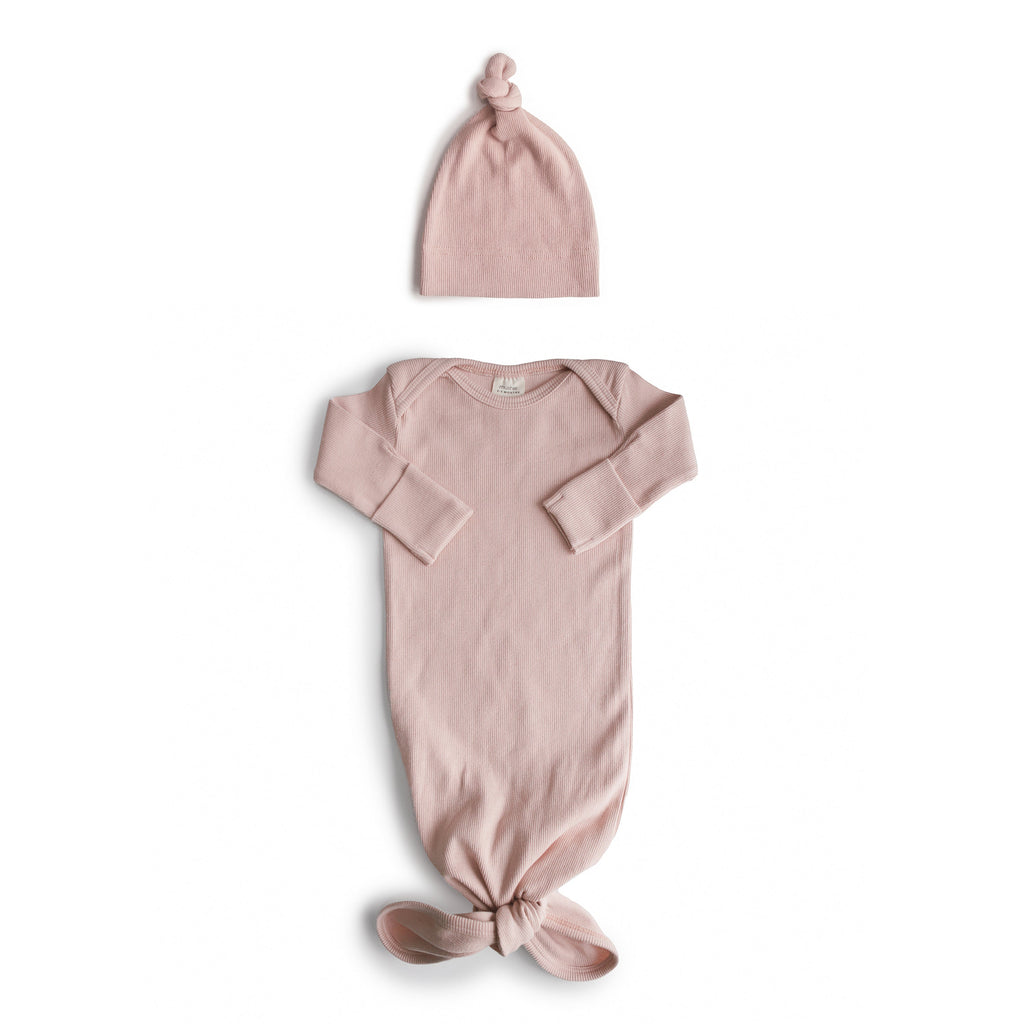 Ribbed Knotted Baby Gown + Beanie Set - Mushie