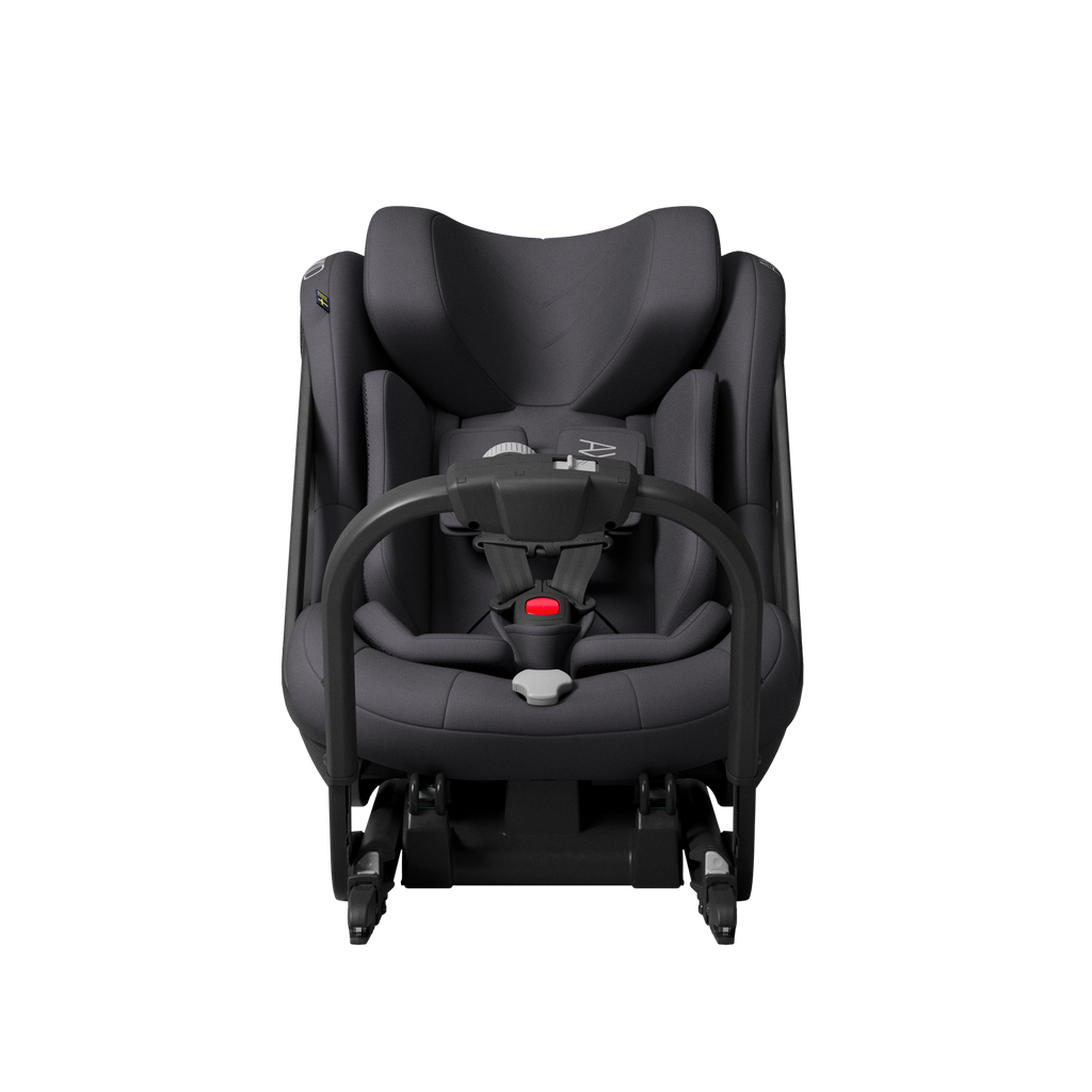 Axkid ONE 3 in Arctic Mist Grey, front, with the infant insert fitted