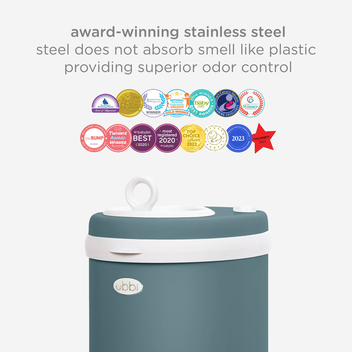 Ubbi Steel Diaper Pail — Odor-Locking Stainless Steel with Rubber Seal, Uses Any Standard Trash Bag