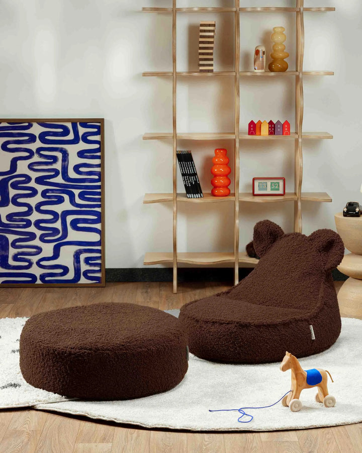 Warm Hazel Bear Beanbag and ottoman in a playroom, Wigiwama