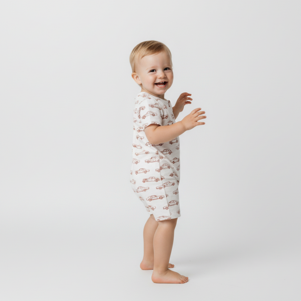 Organic Short Zip Romper - Cars