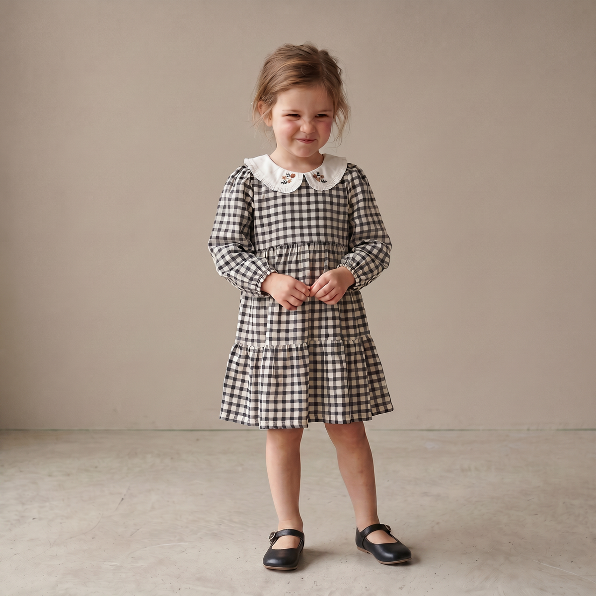 Organic Collar Tiered Dress - Charcoal Plaid