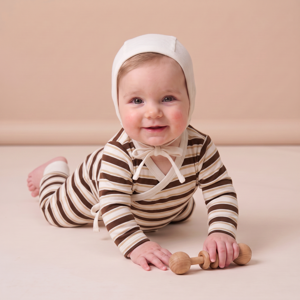 Organic Kimono Onesie & Pants Set - Cocoa Stripe