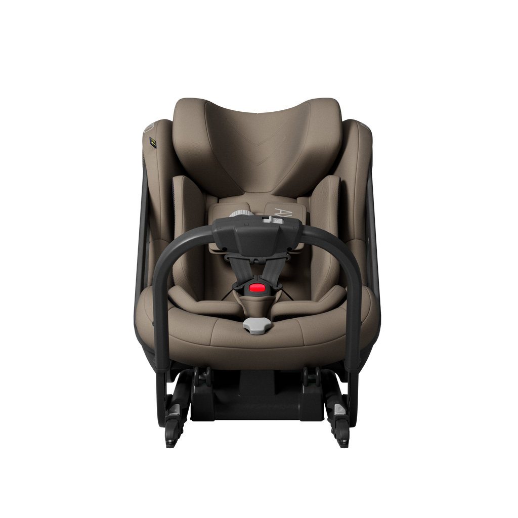 Axkid ONE 3 in Driftwood Beige, front, with the infant insert fitted