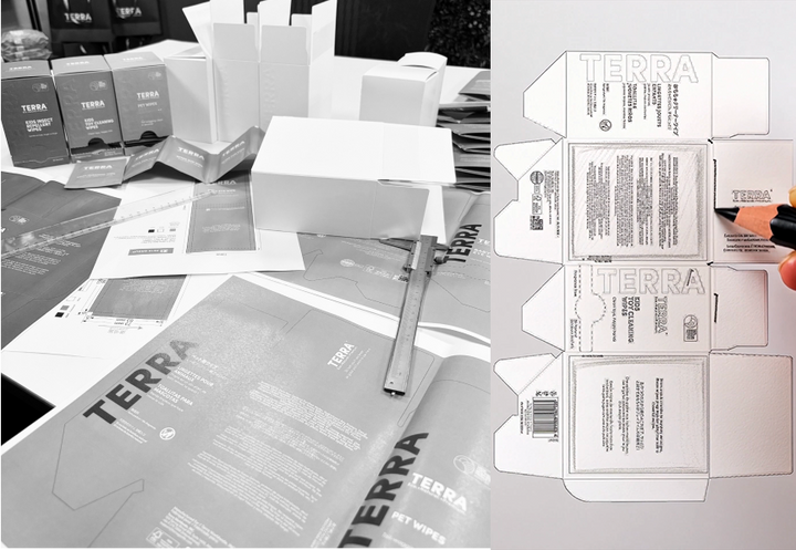 TERRA NZ — Terra packaging design process with box layouts and mockups.